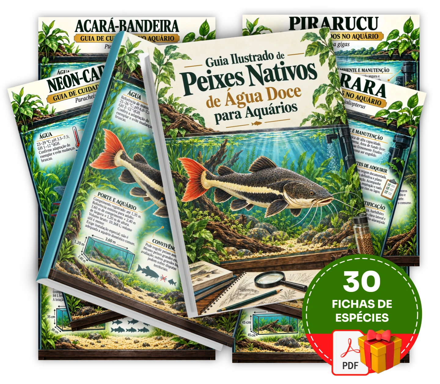 Consulte as necessidades dos peixes nativos de água doce em 30 fichas de espécies para acompanhar o ambiente e a convivência no seu aquário.